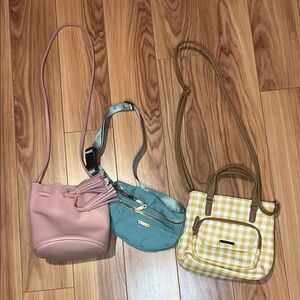 3 good quality purses yellow pink and teal